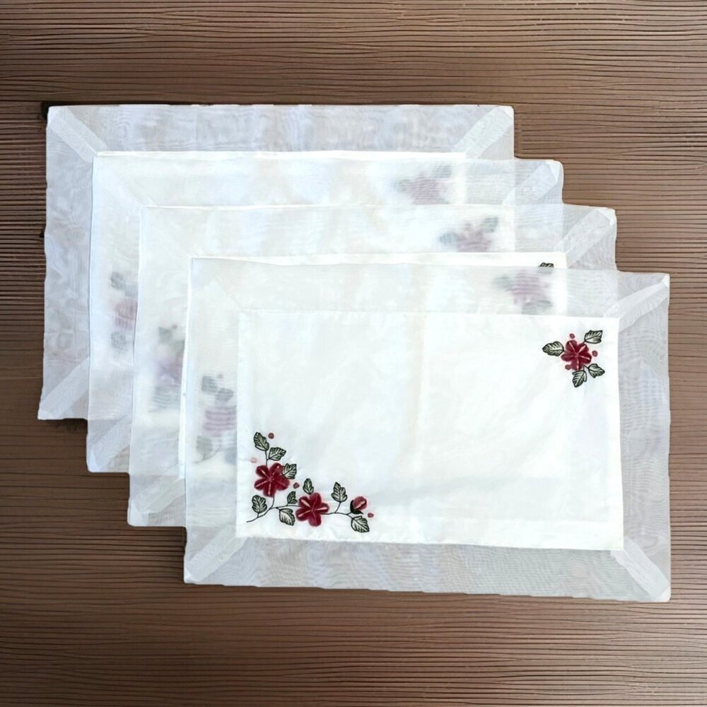 Vintage Embroidered Floral Placemats Sheer White w/ Pink Tufted Roses Set of 4